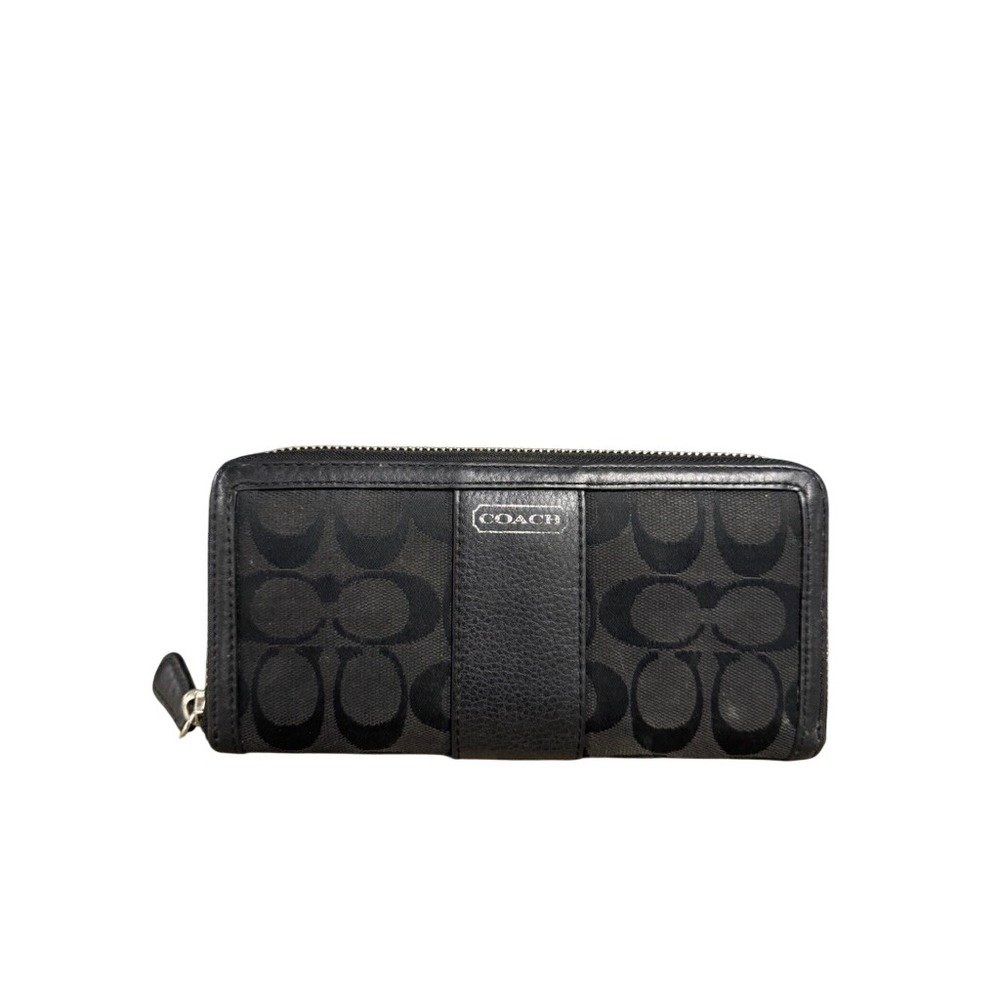 Coach Signature Monogram Zip Around Wallet Black Canvas Leather Accordion